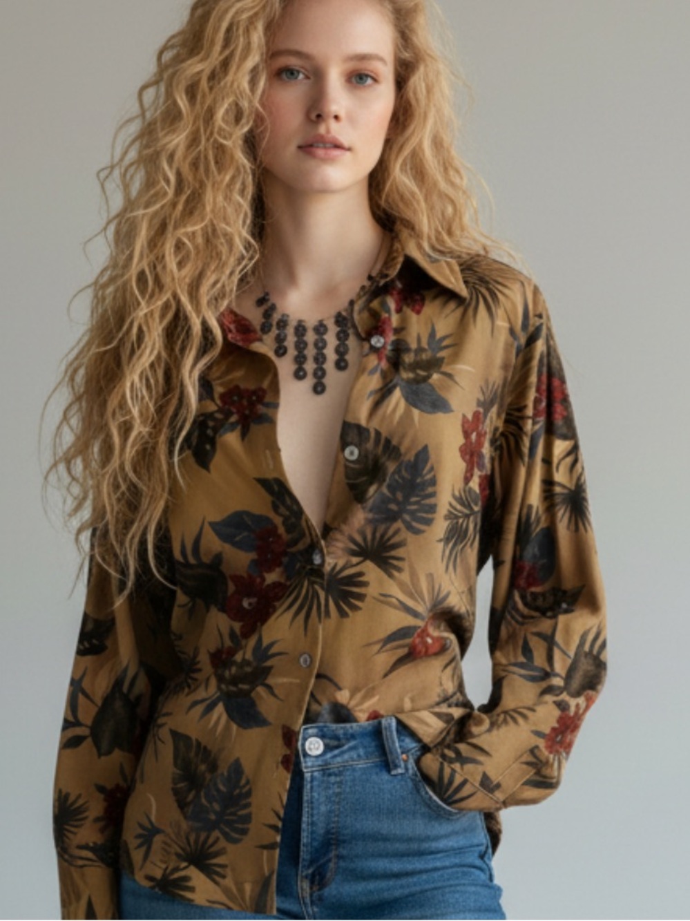 Caribbean Joe Olive Green Tan Floral Button-Down Shirt